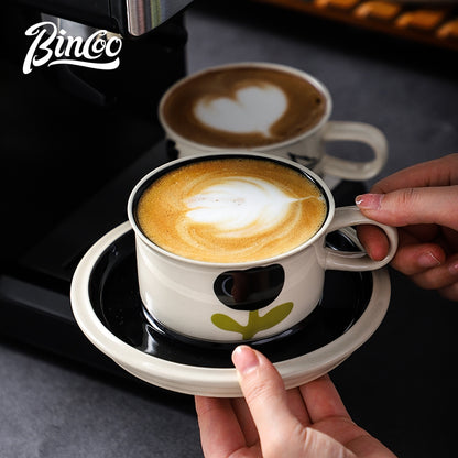 BINCOO Retro Creative Coffee Cup and Saucer Set Coffee Ceramic Mug Afternoon Tea Cup with Spoon for Household Office 260ML