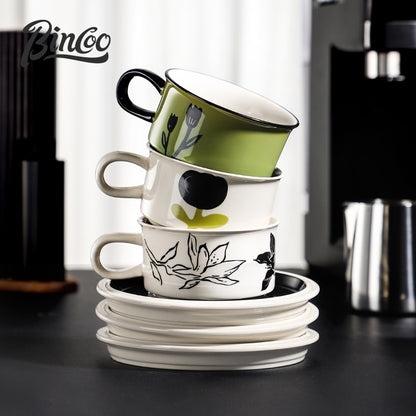 BINCOO Retro Creative Coffee Cup and Saucer Set Coffee Ceramic Mug Afternoon Tea Cup with Spoon for Household Office 260ML