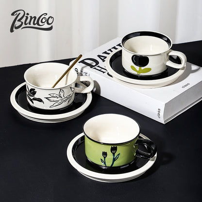 BINCOO Retro Creative Coffee Cup and Saucer Set Coffee Ceramic Mug Afternoon Tea Cup with Spoon for Household Office 260ML