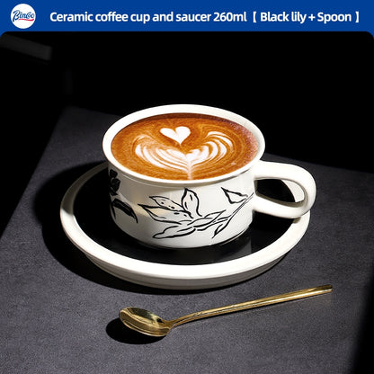 BINCOO Retro Creative Coffee Cup and Saucer Set Coffee Ceramic Mug Afternoon Tea Cup with Spoon for Household Office 260ML