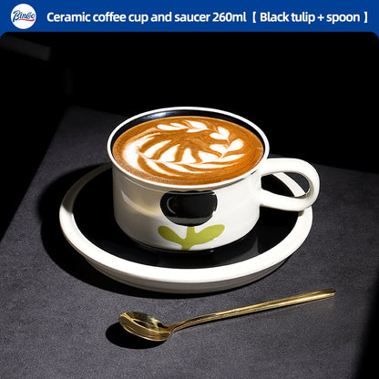 BINCOO Retro Creative Coffee Cup and Saucer Set Coffee Ceramic Mug Afternoon Tea Cup with Spoon for Household Office 260ML