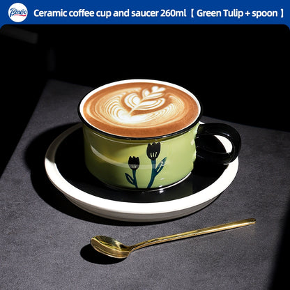 BINCOO Retro Creative Coffee Cup and Saucer Set Coffee Ceramic Mug Afternoon Tea Cup with Spoon for Household Office 260ML
