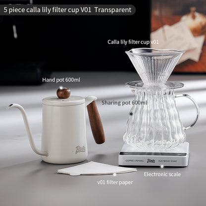 BINCOO Horseshoe Lotus Hand Brew Coffee Pot Set Tritan Filter Cup Coffee Manual Grinder Glass Sharing Pot Set 600ML