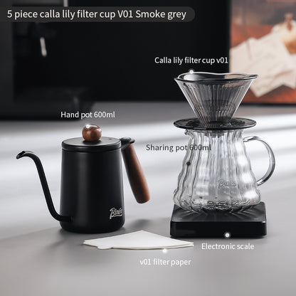 BINCOO Horseshoe Lotus Hand Brew Coffee Pot Set Tritan Filter Cup Coffee Manual Grinder Glass Sharing Pot Set 600ML