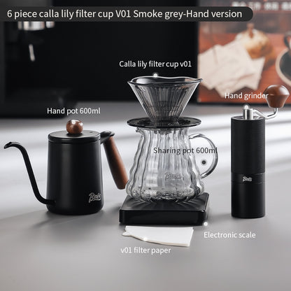 BINCOO Horseshoe Lotus Hand Brew Coffee Pot Set Tritan Filter Cup Coffee Manual Grinder Glass Sharing Pot Set 600ML