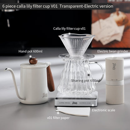 BINCOO Horseshoe Lotus Hand Brew Coffee Pot Set Tritan Filter Cup Coffee Manual Grinder Glass Sharing Pot Set 600ML