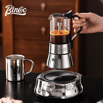 BINCOO Double Valve Moka Pot Glass Coffee Pot Small Household Stainless Steel Coffee Maker Espresso Coffee Utensils 2Cups