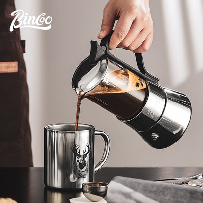 BINCOO Double Valve Moka Pot Glass Coffee Pot Small Household Stainless Steel Coffee Maker Espresso Coffee Utensils 2Cups