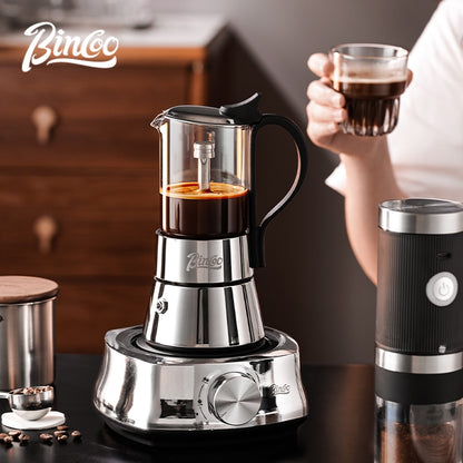 BINCOO Double Valve Moka Pot Glass Coffee Pot Small Household Stainless Steel Coffee Maker Espresso Coffee Utensils 2Cups