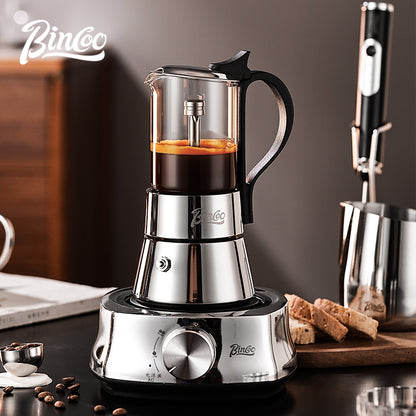 BINCOO Double Valve Moka Pot Glass Coffee Pot Small Household Stainless Steel Coffee Maker Espresso Coffee Utensils 2Cups