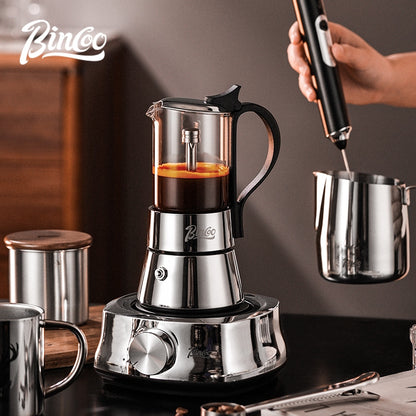 BINCOO Double Valve Moka Pot Glass Coffee Pot Small Household Stainless Steel Coffee Maker Espresso Coffee Utensils 2Cups
