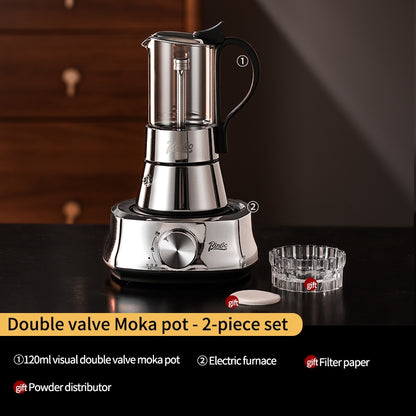 BINCOO Double Valve Moka Pot Glass Coffee Pot Small Household Stainless Steel Coffee Maker Espresso Coffee Utensils 2Cups