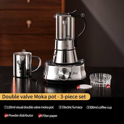 BINCOO Double Valve Moka Pot Glass Coffee Pot Small Household Stainless Steel Coffee Maker Espresso Coffee Utensils 2Cups