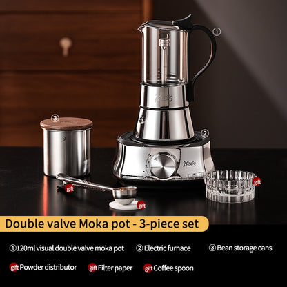 BINCOO Double Valve Moka Pot Glass Coffee Pot Small Household Stainless Steel Coffee Maker Espresso Coffee Utensils 2Cups