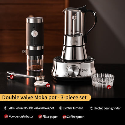 BINCOO Double Valve Moka Pot Glass Coffee Pot Small Household Stainless Steel Coffee Maker Espresso Coffee Utensils 2Cups