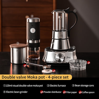 BINCOO Double Valve Moka Pot Glass Coffee Pot Small Household Stainless Steel Coffee Maker Espresso Coffee Utensils 2Cups