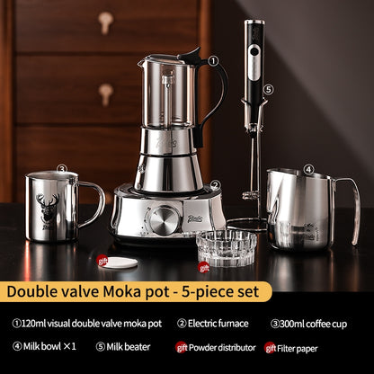 BINCOO Double Valve Moka Pot Glass Coffee Pot Small Household Stainless Steel Coffee Maker Espresso Coffee Utensils 2Cups