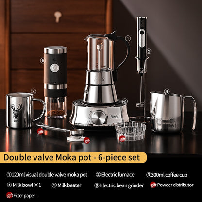 BINCOO Double Valve Moka Pot Glass Coffee Pot Small Household Stainless Steel Coffee Maker Espresso Coffee Utensils 2Cups