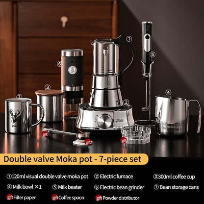 BINCOO Double Valve Moka Pot Glass Coffee Pot Small Household Stainless Steel Coffee Maker Espresso Coffee Utensils 2Cups
