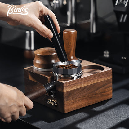 BINCOO Solid Wood Four Square Powder Press Base Cloth Powder Dispenser Storage Base Press Powder Tamper Multi-Purpose Base Set Espresso Machine Utensils 51MM/58MM