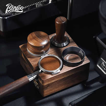 BINCOO Solid Wood Four Square Powder Press Base Cloth Powder Dispenser Storage Base Press Powder Tamper Multi-Purpose Base Set Espresso Machine Utensils 51MM/58MM