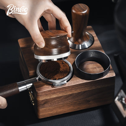 BINCOO Solid Wood Four Square Powder Press Base Cloth Powder Dispenser Storage Base Press Powder Tamper Multi-Purpose Base Set Espresso Machine Utensils 51MM/58MM