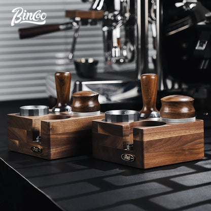 BINCOO Solid Wood Four Square Powder Press Base Cloth Powder Dispenser Storage Base Press Powder Tamper Multi-Purpose Base Set Espresso Machine Utensils 51MM/58MM
