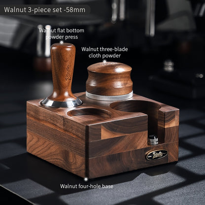 BINCOO Solid Wood Four Square Powder Press Base Cloth Powder Dispenser Storage Base Press Powder Tamper Multi-Purpose Base Set Espresso Machine Utensils 51MM/58MM