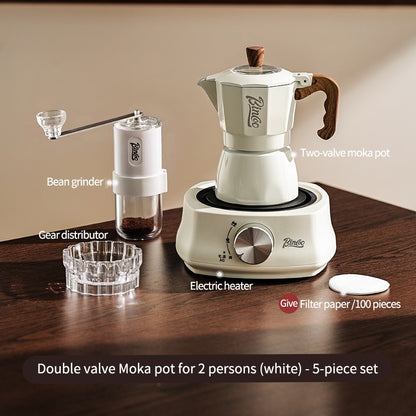 BINCOO Dual-valve Moka Pot with Electric Stove Coffee Maker Home Small Hand Grinder Espresso Machine Set for Outdoor Travel 2Cups/4Cups