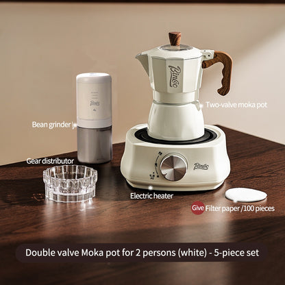 BINCOO Dual-valve Moka Pot with Electric Stove Coffee Maker Home Small Hand Grinder Espresso Machine Set for Outdoor Travel 2Cups/4Cups