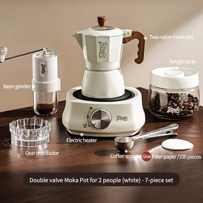 BINCOO Dual-valve Moka Pot with Electric Stove Coffee Maker Home Small Hand Grinder Espresso Machine Set for Outdoor Travel 2Cups/4Cups