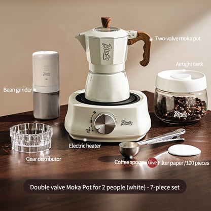 BINCOO Dual-valve Moka Pot with Electric Stove Coffee Maker Home Small Hand Grinder Espresso Machine Set for Outdoor Travel 2Cups/4Cups