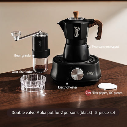 BINCOO Dual-valve Moka Pot with Electric Stove Coffee Maker Home Small Hand Grinder Espresso Machine Set for Outdoor Travel 2Cups/4Cups
