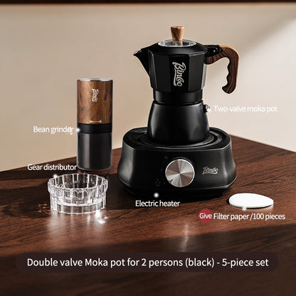 BINCOO Dual-valve Moka Pot with Electric Stove Coffee Maker Home Small Hand Grinder Espresso Machine Set for Outdoor Travel 2Cups/4Cups