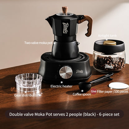 BINCOO Dual-valve Moka Pot with Electric Stove Coffee Maker Home Small Hand Grinder Espresso Machine Set for Outdoor Travel 2Cups/4Cups