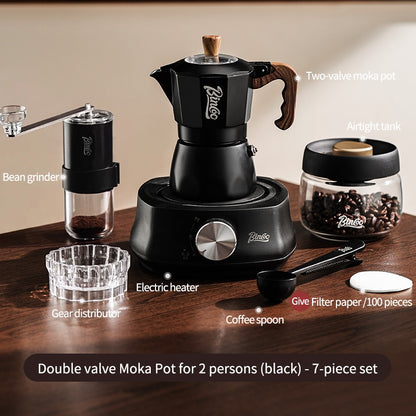 BINCOO Dual-valve Moka Pot with Electric Stove Coffee Maker Home Small Hand Grinder Espresso Machine Set for Outdoor Travel 2Cups/4Cups