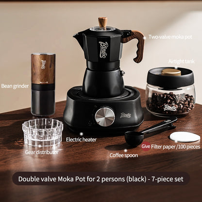 BINCOO Dual-valve Moka Pot with Electric Stove Coffee Maker Home Small Hand Grinder Espresso Machine Set for Outdoor Travel 2Cups/4Cups