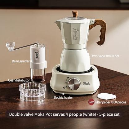 BINCOO Dual-valve Moka Pot with Electric Stove Coffee Maker Home Small Hand Grinder Espresso Machine Set for Outdoor Travel 2Cups/4Cups