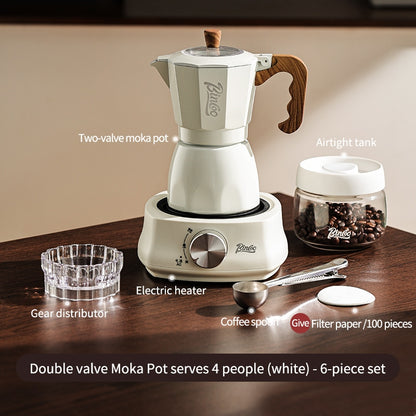 BINCOO Dual-valve Moka Pot with Electric Stove Coffee Maker Home Small Hand Grinder Espresso Machine Set for Outdoor Travel 2Cups/4Cups