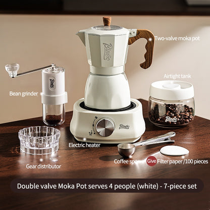 BINCOO Dual-valve Moka Pot with Electric Stove Coffee Maker Home Small Hand Grinder Espresso Machine Set for Outdoor Travel 2Cups/4Cups