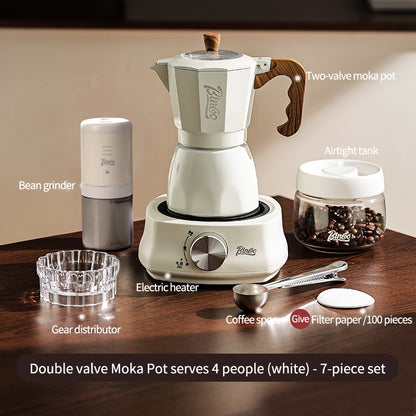 BINCOO Dual-valve Moka Pot with Electric Stove Coffee Maker Home Small Hand Grinder Espresso Machine Set for Outdoor Travel 2Cups/4Cups