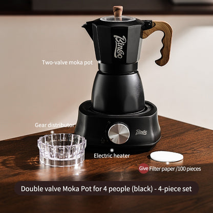 BINCOO Dual-valve Moka Pot with Electric Stove Coffee Maker Home Small Hand Grinder Espresso Machine Set for Outdoor Travel 2Cups/4Cups