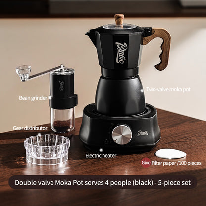 BINCOO Dual-valve Moka Pot with Electric Stove Coffee Maker Home Small Hand Grinder Espresso Machine Set for Outdoor Travel 2Cups/4Cups