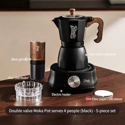 BINCOO Dual-valve Moka Pot with Electric Stove Coffee Maker Home Small Hand Grinder Espresso Machine Set for Outdoor Travel 2Cups/4Cups