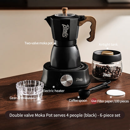 BINCOO Dual-valve Moka Pot with Electric Stove Coffee Maker Home Small Hand Grinder Espresso Machine Set for Outdoor Travel 2Cups/4Cups
