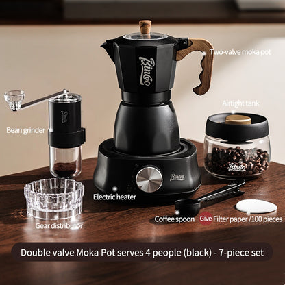 BINCOO Dual-valve Moka Pot with Electric Stove Coffee Maker Home Small Hand Grinder Espresso Machine Set for Outdoor Travel 2Cups/4Cups