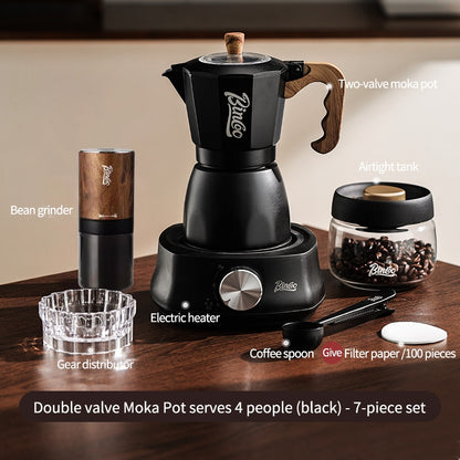 BINCOO Dual-valve Moka Pot with Electric Stove Coffee Maker Home Small Hand Grinder Espresso Machine Set for Outdoor Travel 2Cups/4Cups