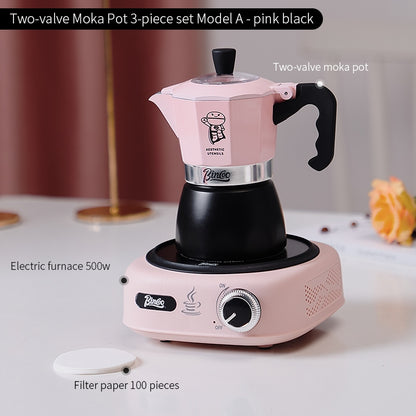 BINCOO Double Valve Coffee Moka Pot Italian Small Home Brewing Coffee Pot Manual Bean Grinder Set for Outdoor Travel Best Gift Couple Gift 2Cups