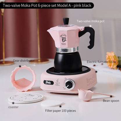 BINCOO Double Valve Coffee Moka Pot Italian Small Home Brewing Coffee Pot Manual Bean Grinder Set for Outdoor Travel Best Gift Couple Gift 2Cups