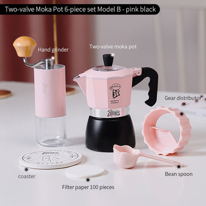 BINCOO Double Valve Coffee Moka Pot Italian Small Home Brewing Coffee Pot Manual Bean Grinder Set for Outdoor Travel Best Gift Couple Gift 2Cups